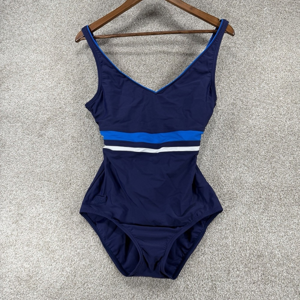 Womens Speedo Retro One Piece Bathing Swim Suit Blue White Nautical Stripe Sz 12